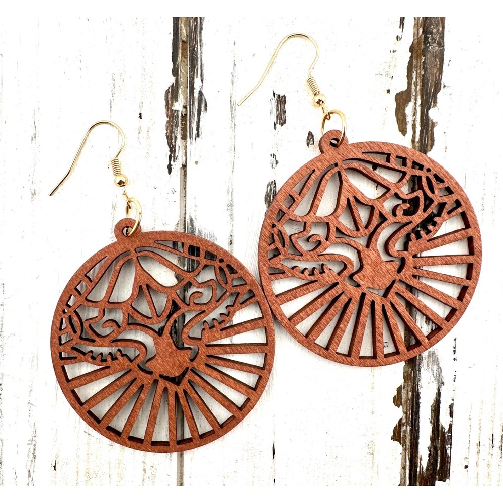 Big Open Sky Laser Cut Wood‎ Chestnut Stained Earrings